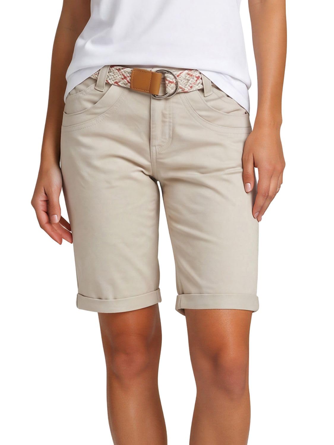 DENIMFY Bermudas Pantalones cortos para mujer con cinturón, corte regular, pantalones chinos, pantalones cortos de verano, hasta la rodilla, elásticos, monocolor, blanco, beige, rosa, azul, oliva,
