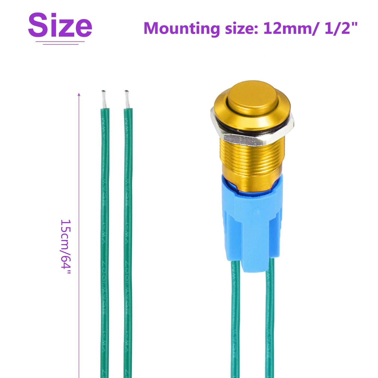 DMiotech 1/2 Inch Stainless Steel Latching Push Button Switch Domed Head 3A 0-250V Gold Shell with Pre-soldered 1NO, 5Pcs - Image 4