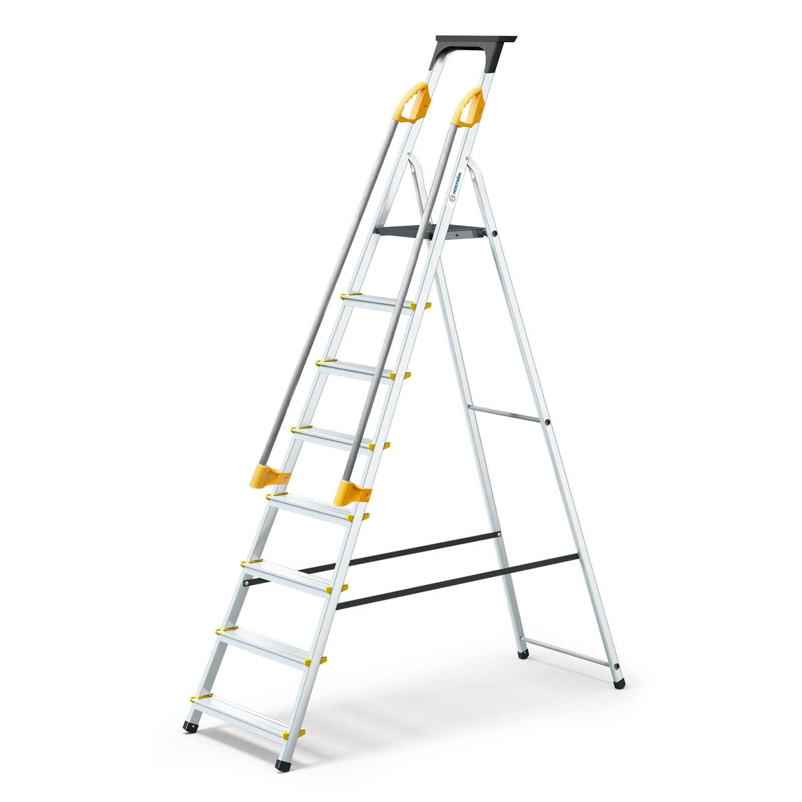 HOSTRÖM Escalera de 8 peldaños DURAMP Segura con rampas, Estante portaherramientas, Estribo Plegable de Aluminio, Altura Plataforma 162 cm, garantía de 5 años.