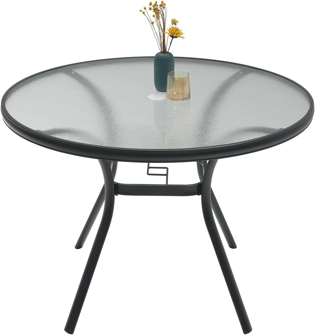 Anmutig Round Outdoor Dining Table for 4 Person, 40 inch Glass Top, Black Powder-Coated Frame with Umbrella Hole Outdoor Furniture