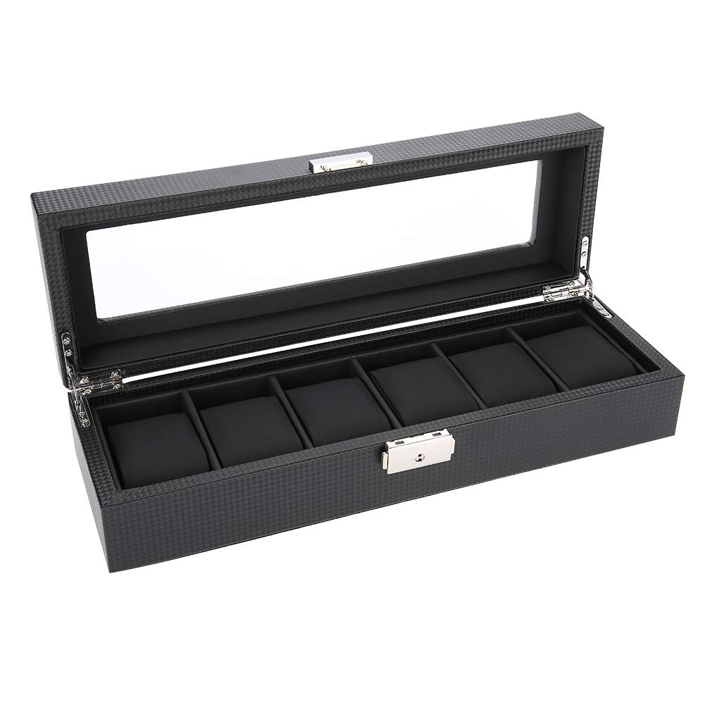 Qiterr Watch Display Box, 6 Grids PU Carbon Fiber Leather Watch Holder Wristwatch Storage Case Jewelry Gift Organizer