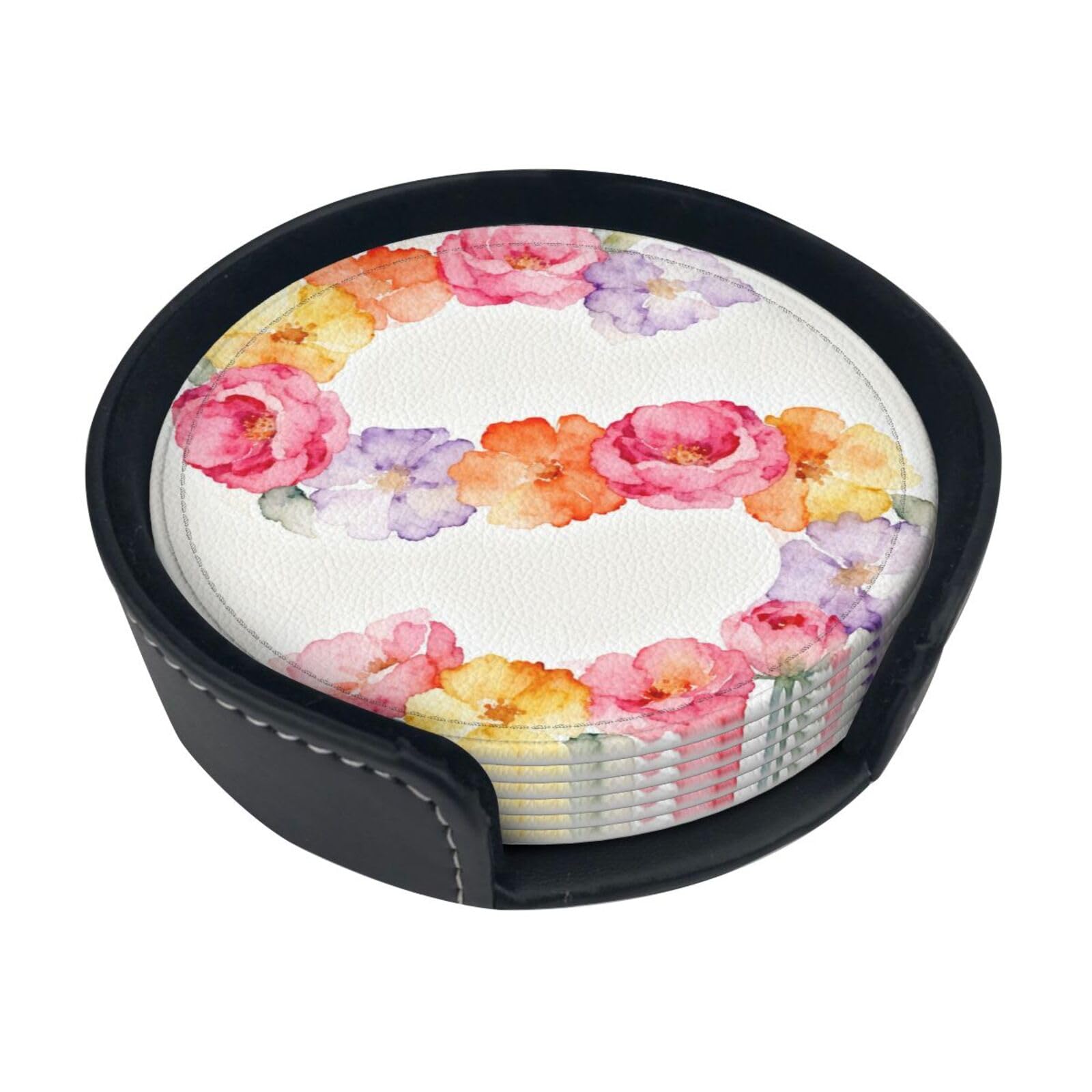 Cntdbu White Watercolor Flowers Leather Coasters Set Of 6-Pu Leather Drink Mats For Table, Heat Resistant Round Coasters With Holder
