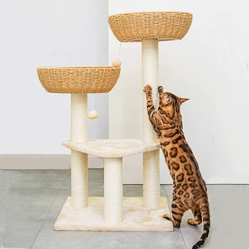 Vista 22 de SHENGOCASE Torre de árbol para gatos con cesta de mimbre de ratán, 3 cestas nido grandes tejidas a mano, percha de ventana para gatos grandes