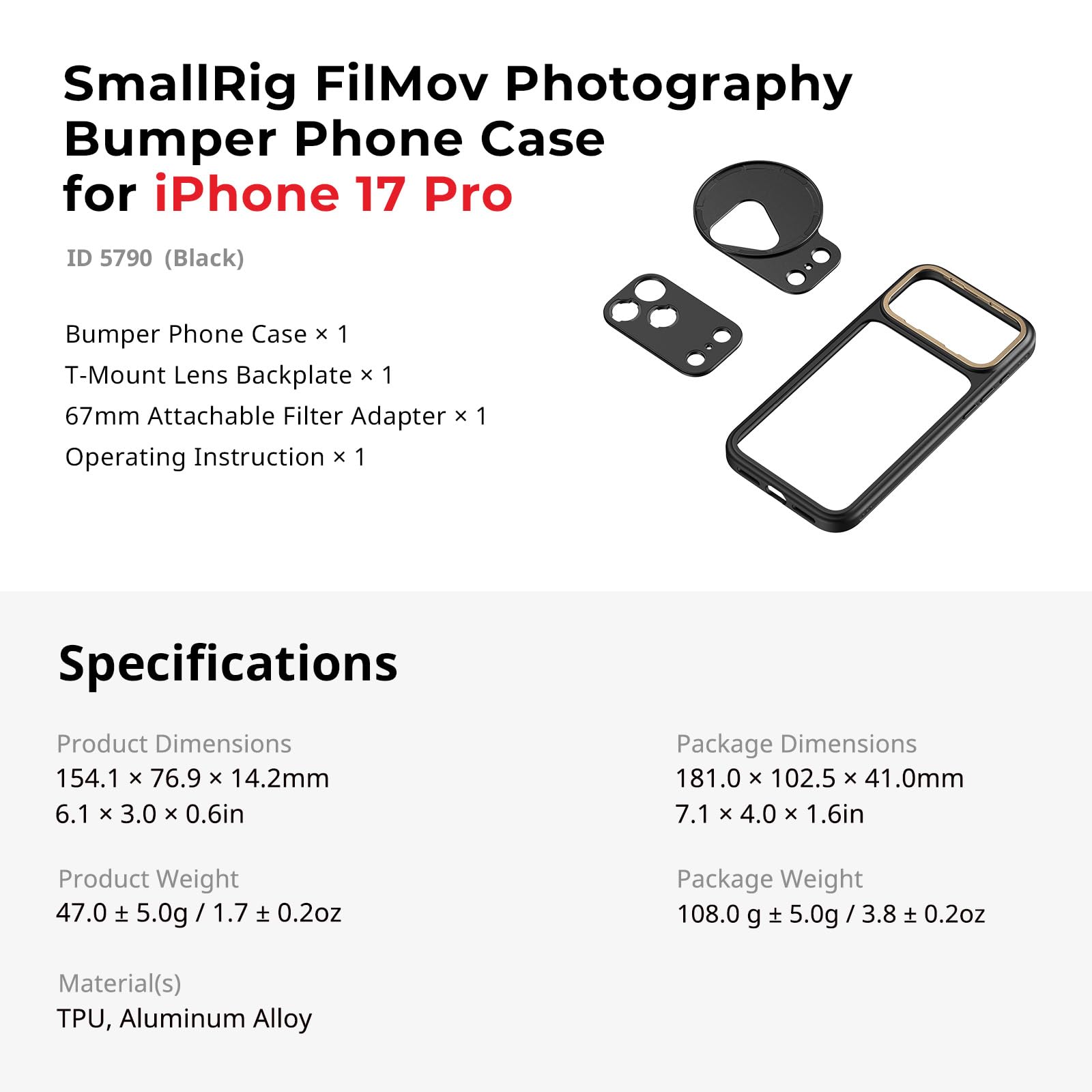 SMALLRIG Funda Bumper para iPhone 17 Pro, Diseño Trasero Hueco con Placa de Lentes, Adaptador 67mm, Compatible con Gimbal, para dji, para Insta360, Negro - 5790