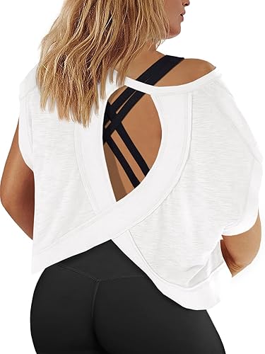 Fisoew Womens Plus Size Open Back Workout Tops Backless Short