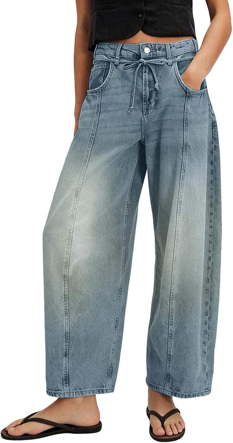 loveimgs Women Baggy Barrel Jeans Mid Rise Wide Leg Jeans Y2k Patchwork Denim Ankle Pants Boyfriend Harem Sweatpants Trousers