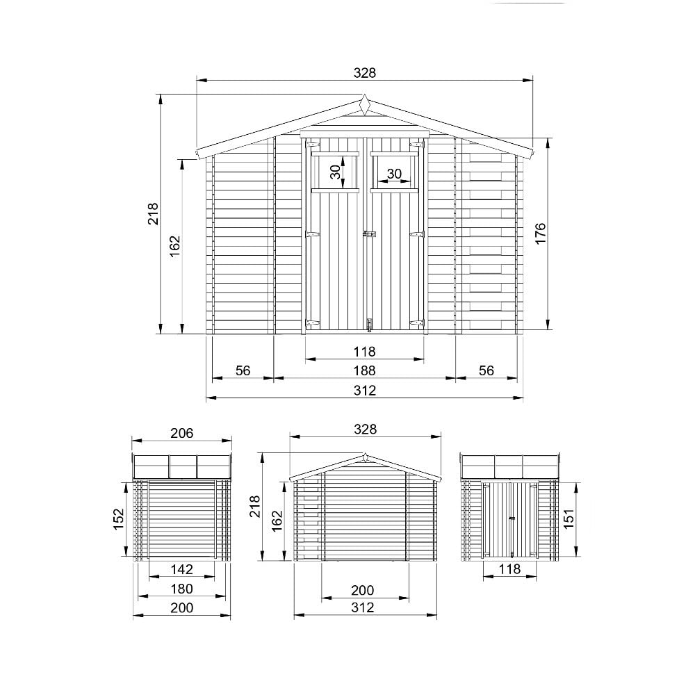 Holzhaus Gartenhaus mit Brennholzschuppen TIMBELA M389 - Gartenschuppen Holz B328xL206xH218 cm/ 3,53 + 0,97 + 0,97 m2 Lagerschuppen für Garten - Fahrrad Schuppen - Wasserfestes Dach