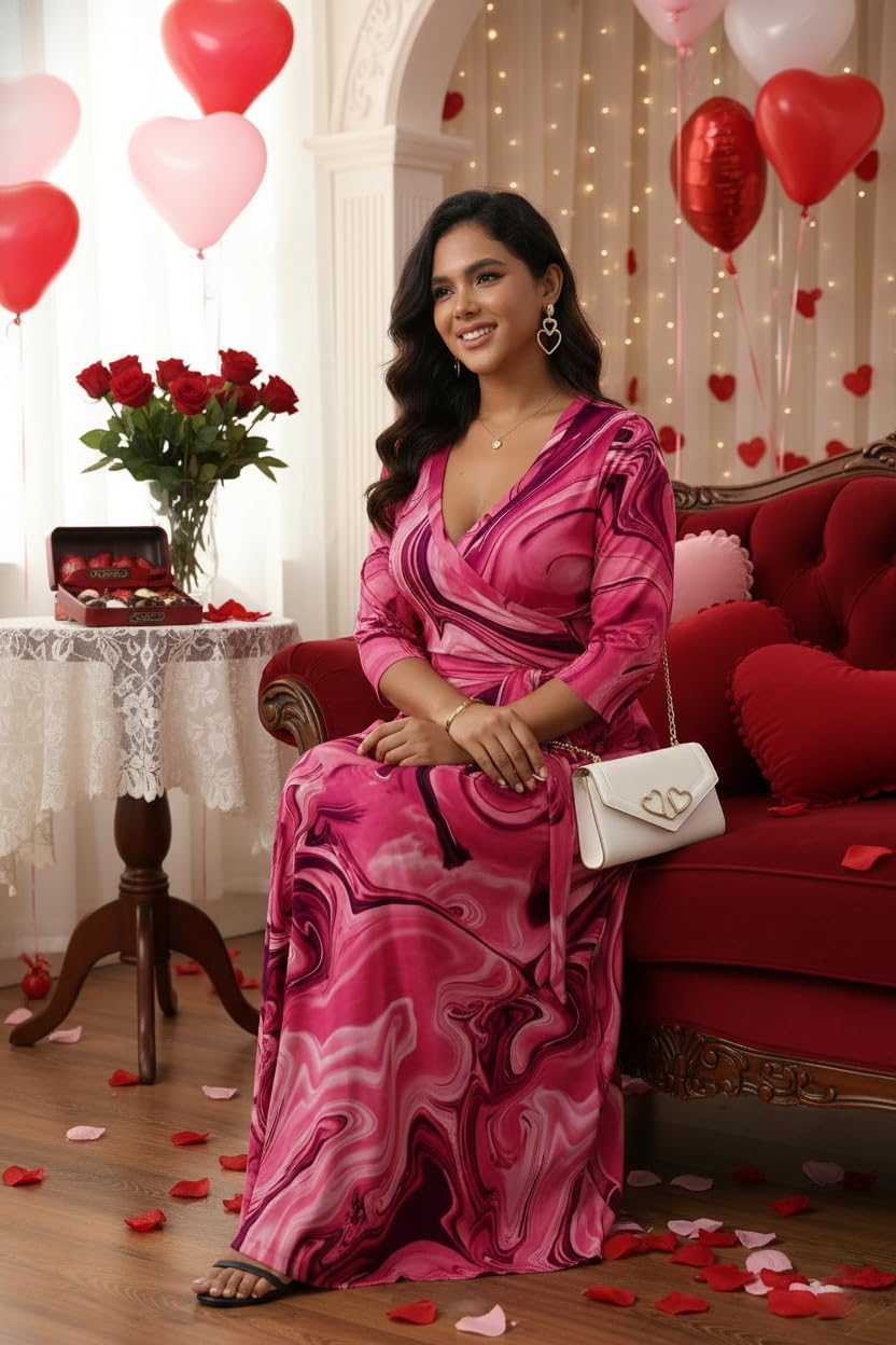 FANDEE Women's Maxi Dress V-Neck 3/4 Sleeve Casual Empire Waist Tie Belt Dress for Curvy Women - Image 3