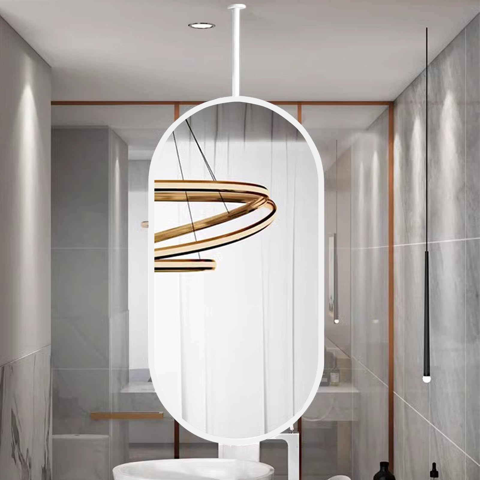 SXFSDOU Modern Hanging Oval Mirror with Metal Frame | Stylish Ceiling-Mounted Makeup & Shaving for Bathroom, Living Room, and Entryway Decor (White, 40cm x 70cm)