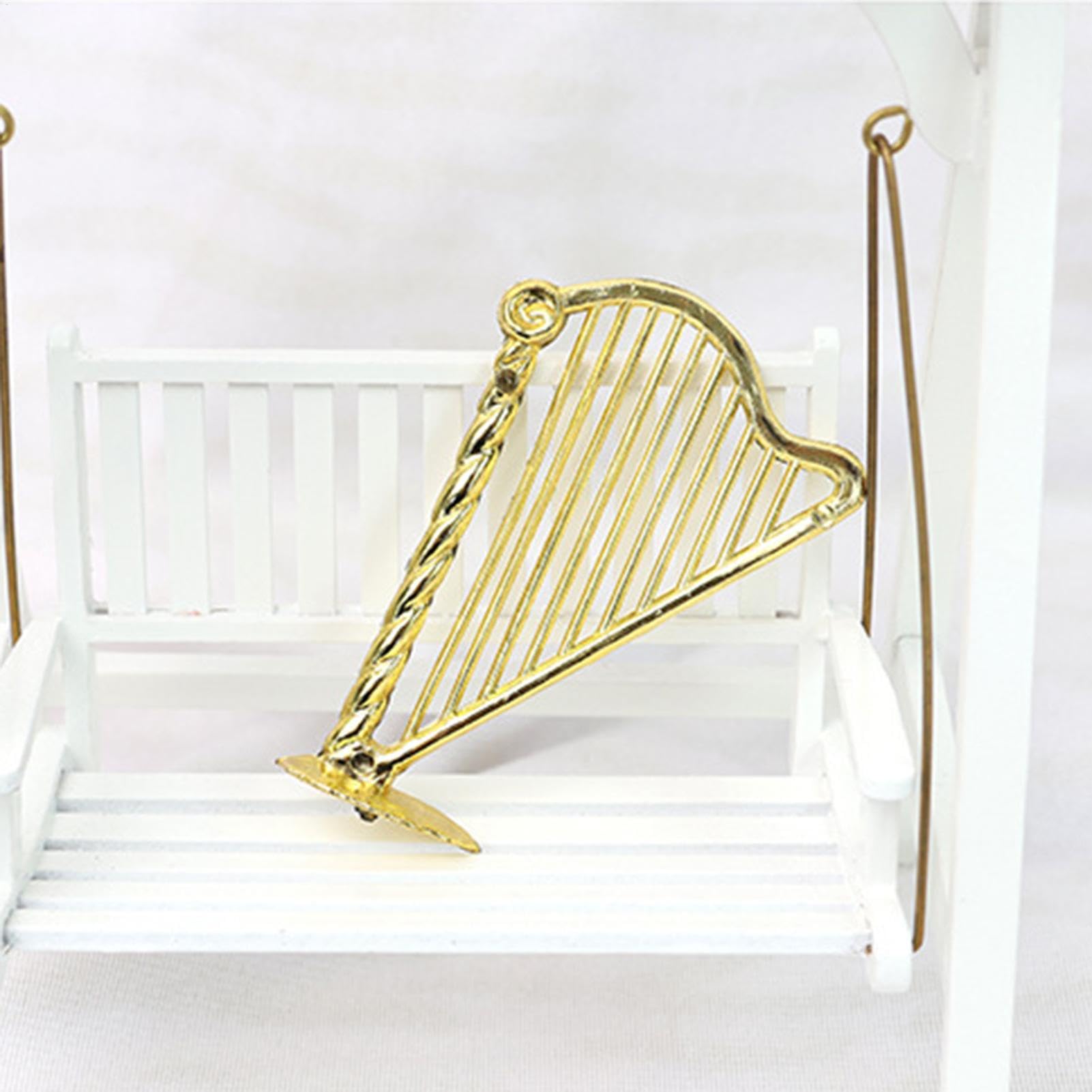 Arpa de oro en miniatura,Arpa en miniatura - Juego de 5 adornos de escritorio con arpa pequeña,Instrumento musical, modelo de instrumento musical en miniatura 1:12, modelo de arpa para decoración de c