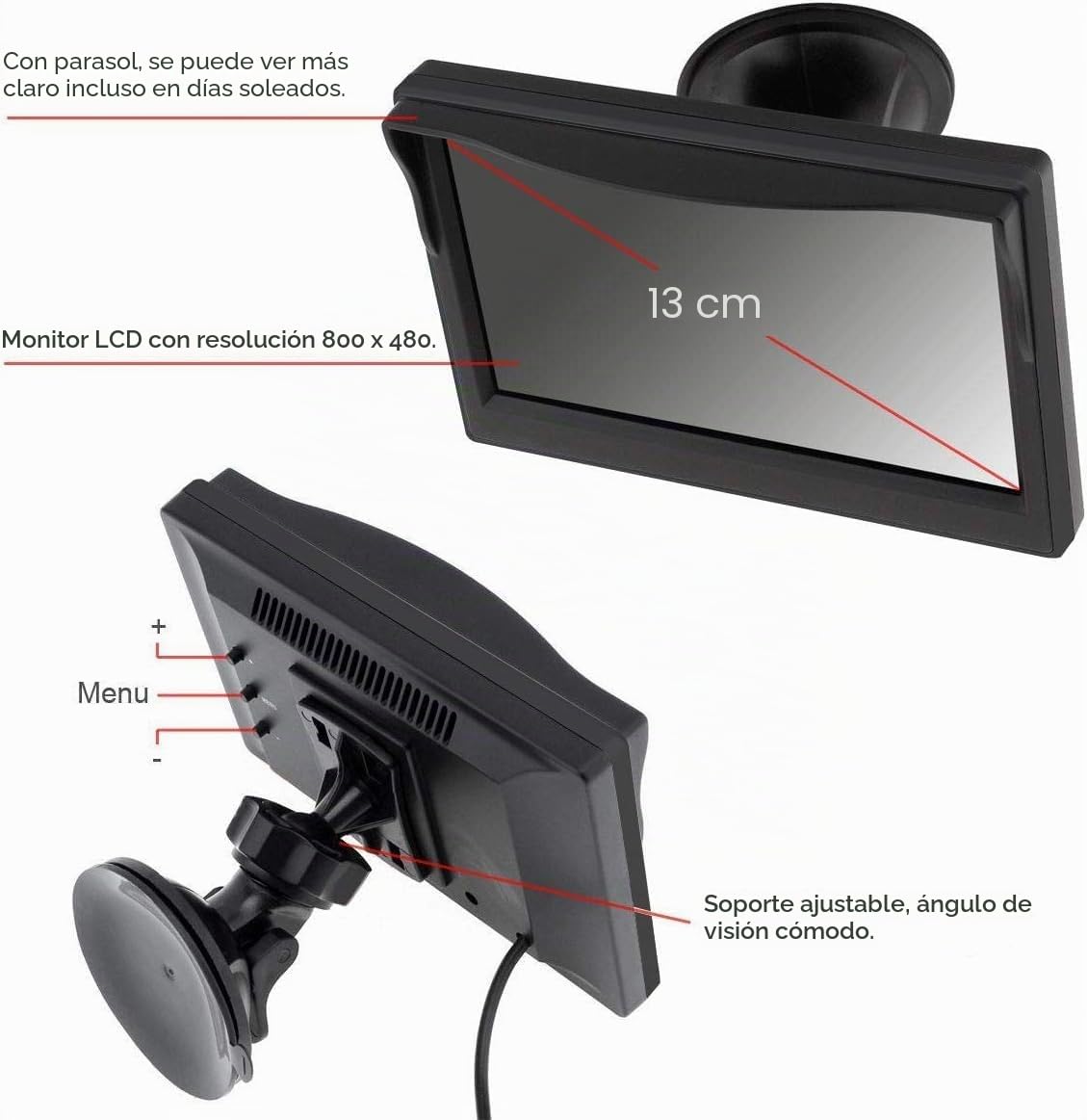 Sistema Aparcamiento: cámara Trasera 4 Pines AHD y Monitor Color 5 Pulgadas
