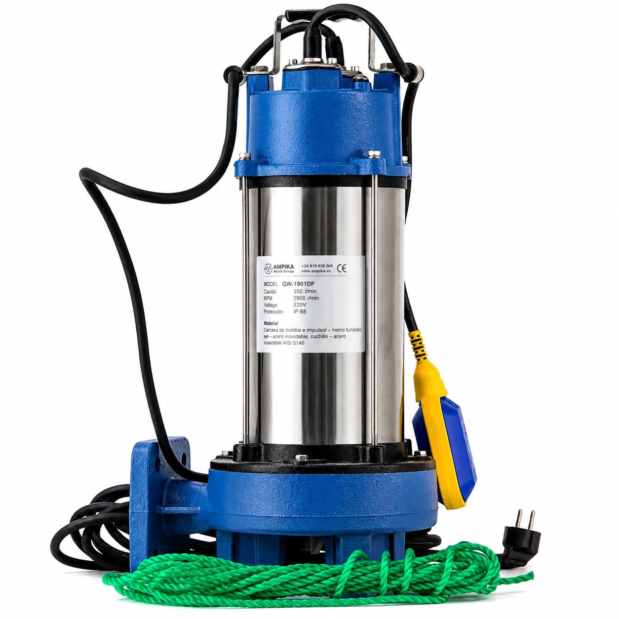 Ampika QW-1801DF Bomba Sumergible Trituradora 1800W 21000 L/h | Con triturador de alta eficiencia y flotador automático