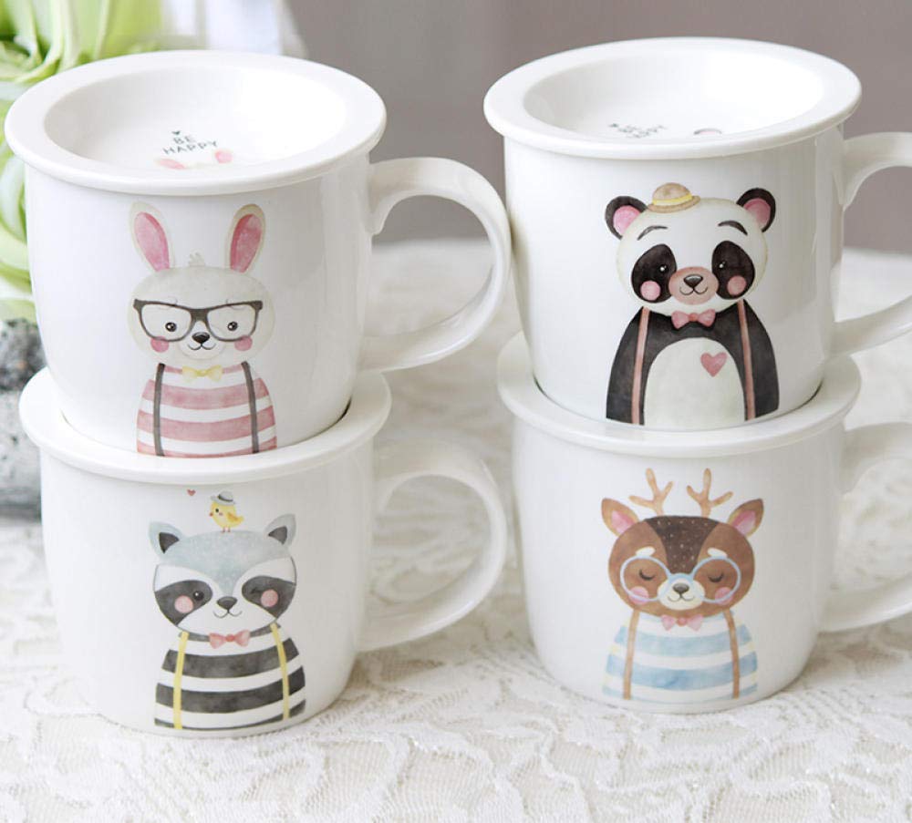 Animal breakfast cup with lid, scale, milk cup, ceramic mug, child milk cup-Pink Rabbit