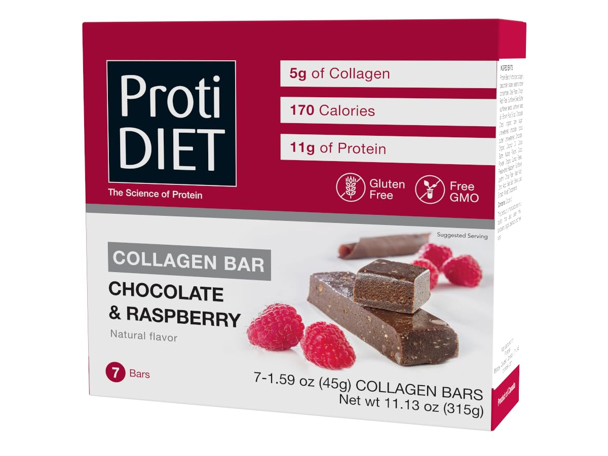 ProtiDIETDark Chocolate and Raspberry Collagen Protein Bars, Gluten-free and GMO-free Low Sugar Low Carb Snacks, Low Calorie Protein Bars to Support an Active Lifestyle- 7 High Protein Bars Per box