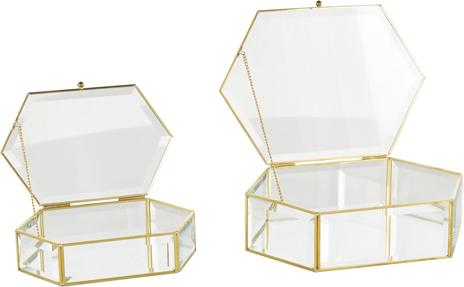 Deco 79 Glass Geometric Decorative Jewelry Box Beveled Hexagon Jewelry Organizers with Gold Metal Frame and Chain Accent, Set of 2 Jewelry Holder 10", 8"W, Clear