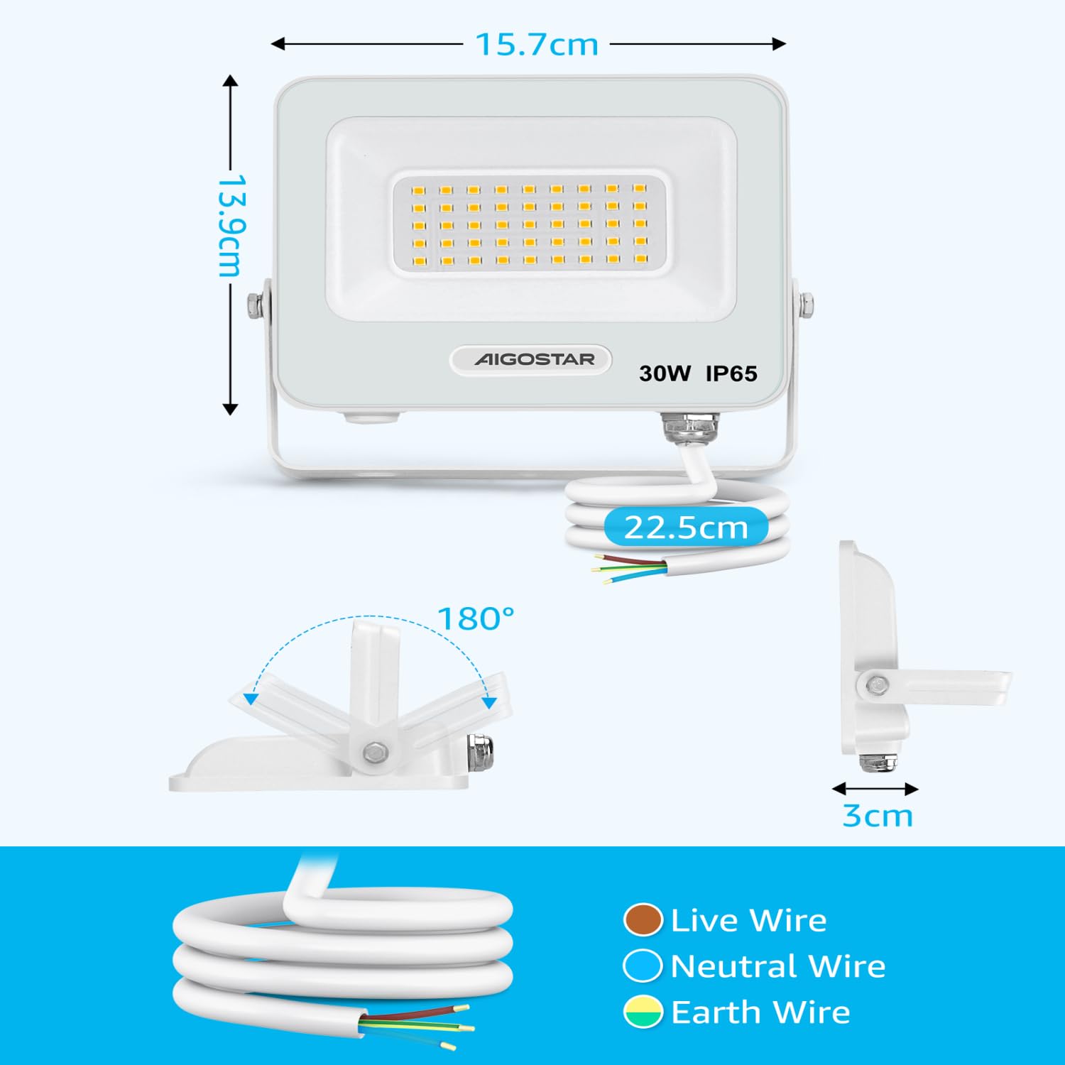 Aigostar Foco LED Exterior 30w, 2450LM Foco Proyector LED, IP65 Impermeable Luz de Seguridad, Natural 4000K Luces exterior, Para Jardín, Patio, Garaje, Paquete de 10