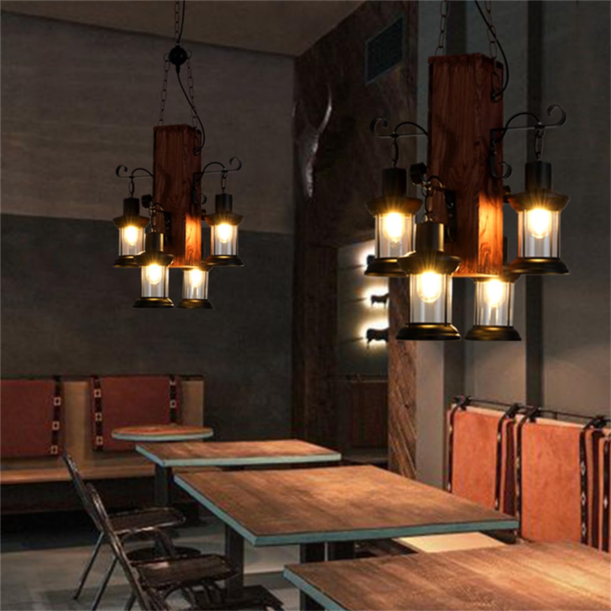 Pendellampe Vintage Industrielle Holz Kronleuchter 4 Kopf Retro Industrial Style Creative Disign Lampe Hängeleuchte Cafe Loft Metall Glas Dekorativer Kreativ Wohnzimmer Esszimmer Bar Cafe Hängelamp