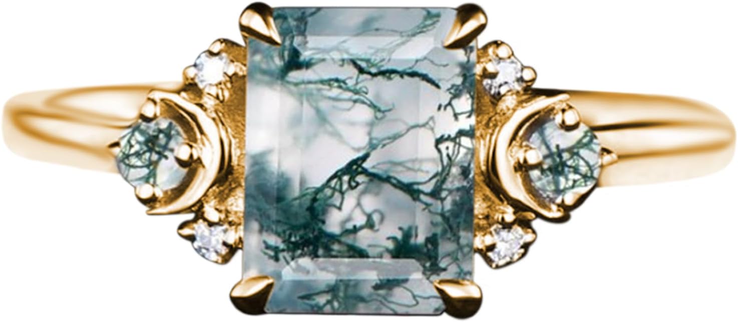 Silwan 1-4 Carat Natural Moss Agate Engagement Ring for Women, 10K 14K 18K Gold Vintage Green Gemstone Moon Ring Art Deco Wedding Rings Bridal Promise Ring Jewelry Gifts for Her Bride Mom Wife - Image 6