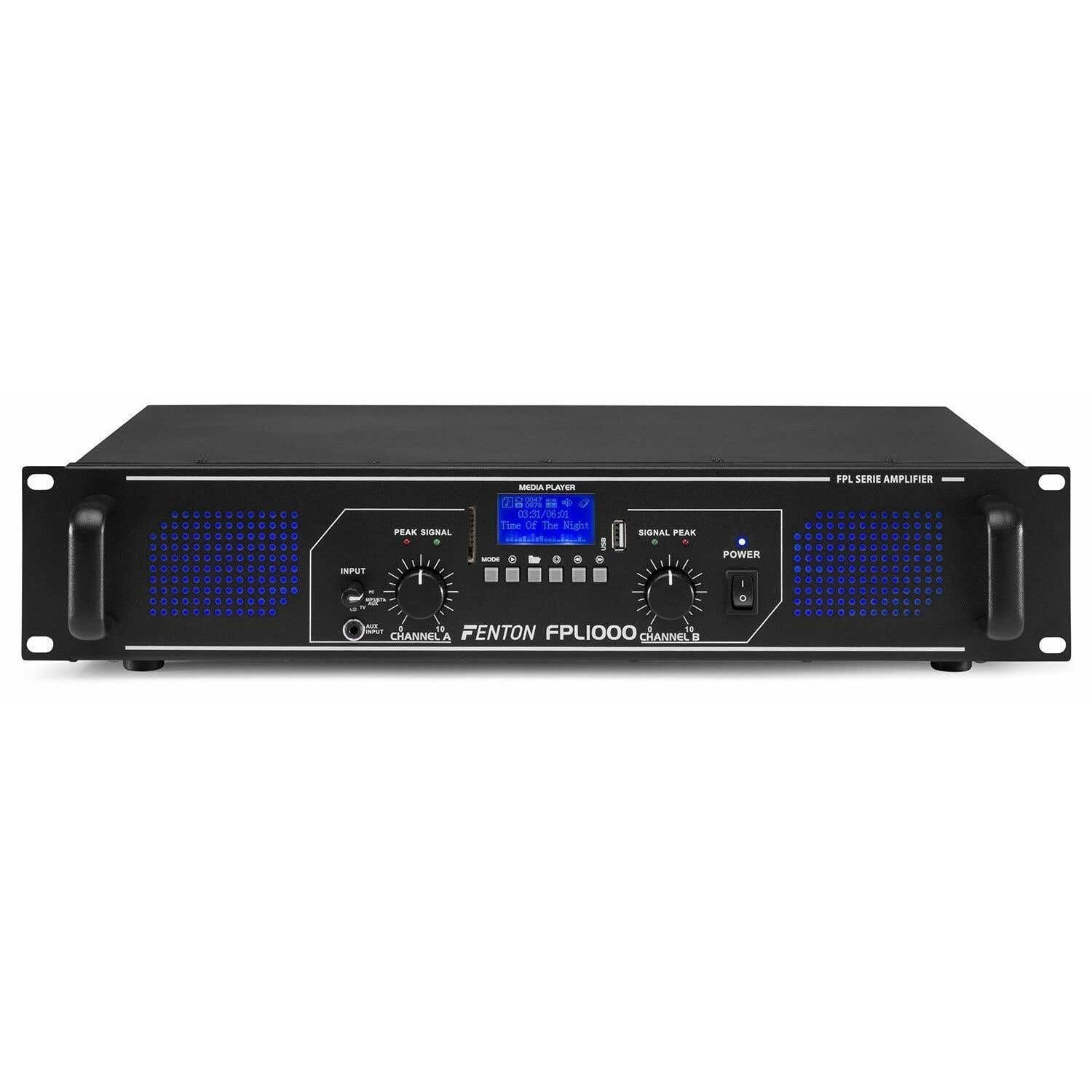 Fenton FPL1000 Amplificador PA Digital 1000 W, Etapa de Potencia de 3 Canales Con Bluetooth, AUX, USB, Reproductor MP3, Multicanal, Negro