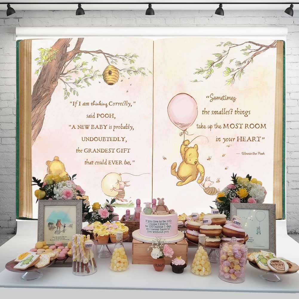Condition photo showing New/Like New for vintage pooh bear baby shower backdrop for girl retro giant book spring tree classic background newborn quote pink yellow tinge banner 7x5 ft 137