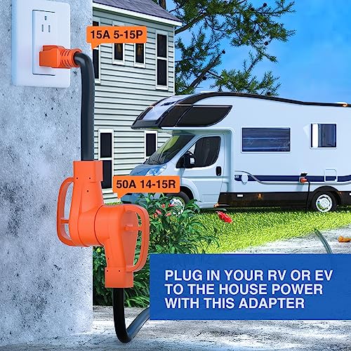 Image of Nilight RV Power Adapter Cord 15 Amp to 50 Amp 110V Pure Copper Heavy Duty Dog Bone Plug 10 Gauge Wire 5-15P to 14-50R 15M /50F Weatherproof Cord for RV Camper Caravan Van Trailer