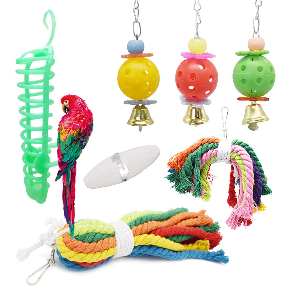 Jmxu's Bird Parrot Toys Set Including 2 Rope Chewing Toys-3 Hanging Bell Beaks Toy-1 Millet Holder for Small Parakeets Cockatiels, Conures, Macaws, Parrots, Love Birds, Finches-1 Cuttebone