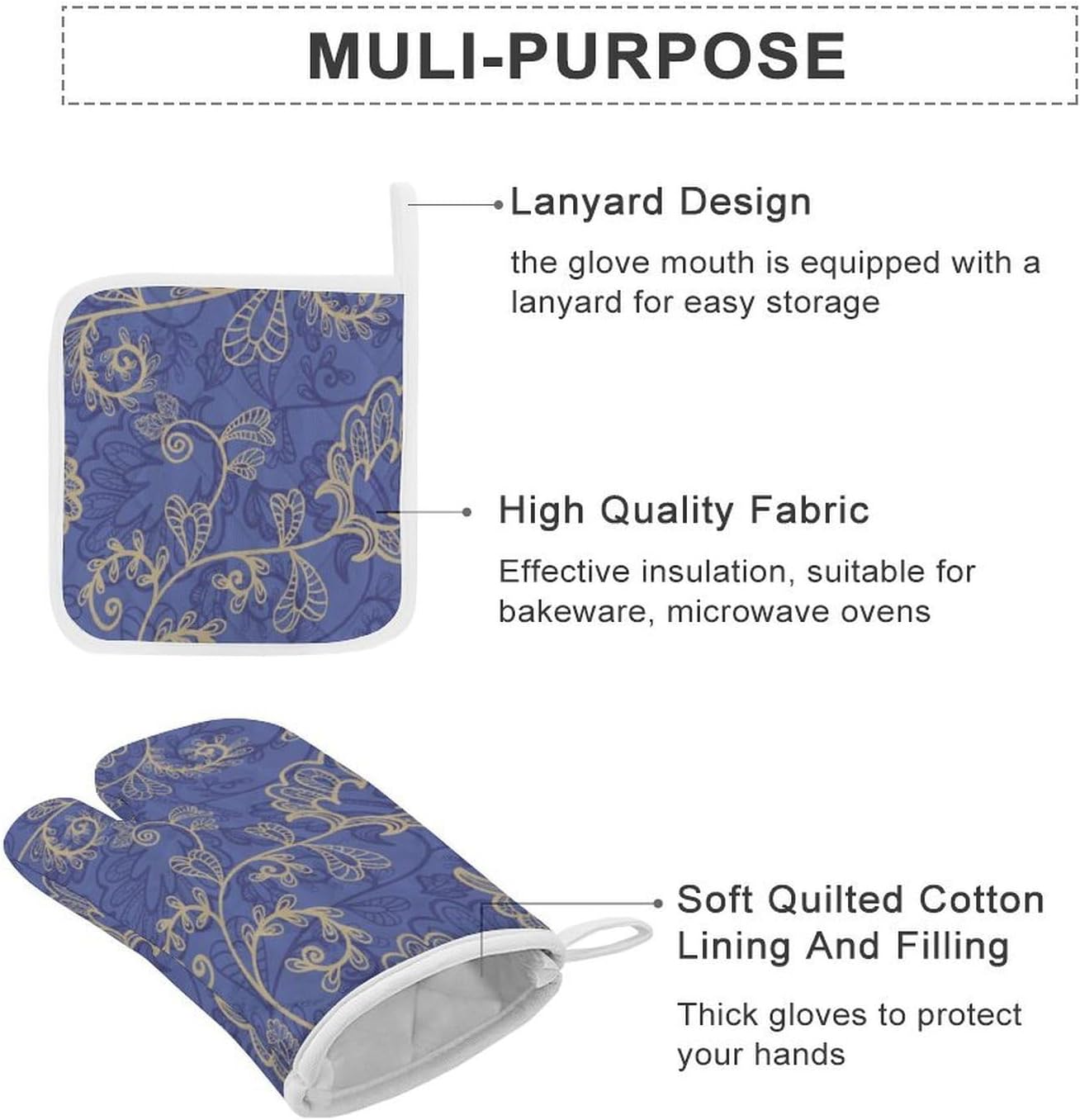 Romantic Flora Leaves Ornate Petals Oven Mitts and Pot Holders 4Pcs Set Heat Resistant Cooking Mitts Hot Pads