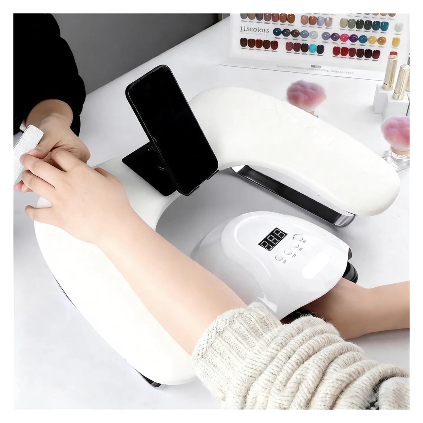 Cuscino poggiabraccia per manicure, Nail Armrest with Phone Holder, Leather, Multicolor, for Salon(Black)