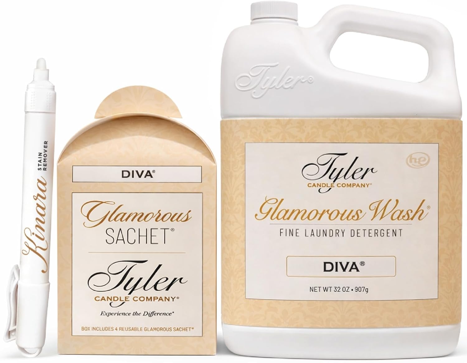 Tyler Glamorous Wash Diva Fine Laundry Detergent with a Kinara Stain Remover Pen and Dryer Sachets - Liquid Detergent Designed for Clothing - Hand and Machine Washable - 32oz (Diva)