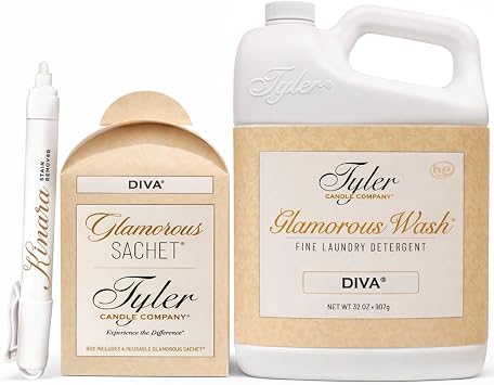 Tyler Glamorous Wash Diva Fine Laundry Detergent with a Kinara Stain Remover Pen and Dryer Sachets - Liquid Detergent Designed for Clothing - Hand and Machine Washable 32 Oz