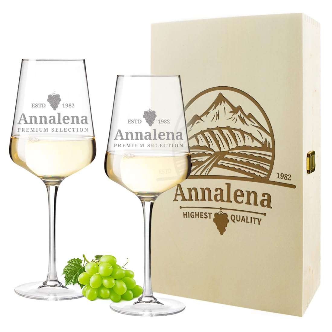 polar-effekt Weinglas 560 ml 2er-Set & Holzkiste mit personalisierter Gravur - Geschenk für Sie & Ihn - Geburtstagsgeschenk für Genießer - Personalisiert