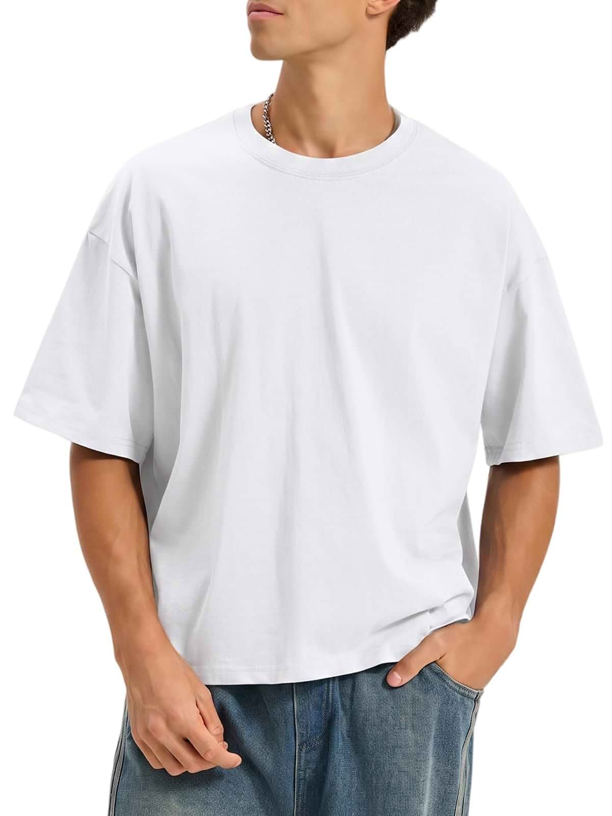 KEEPSHOWING Men's Cropped Oversized T-Shirts Heavy Cotton Fashion Boxy Crew Neck Short Sleeve Crop Top Streetwear Solid · Regular Fit