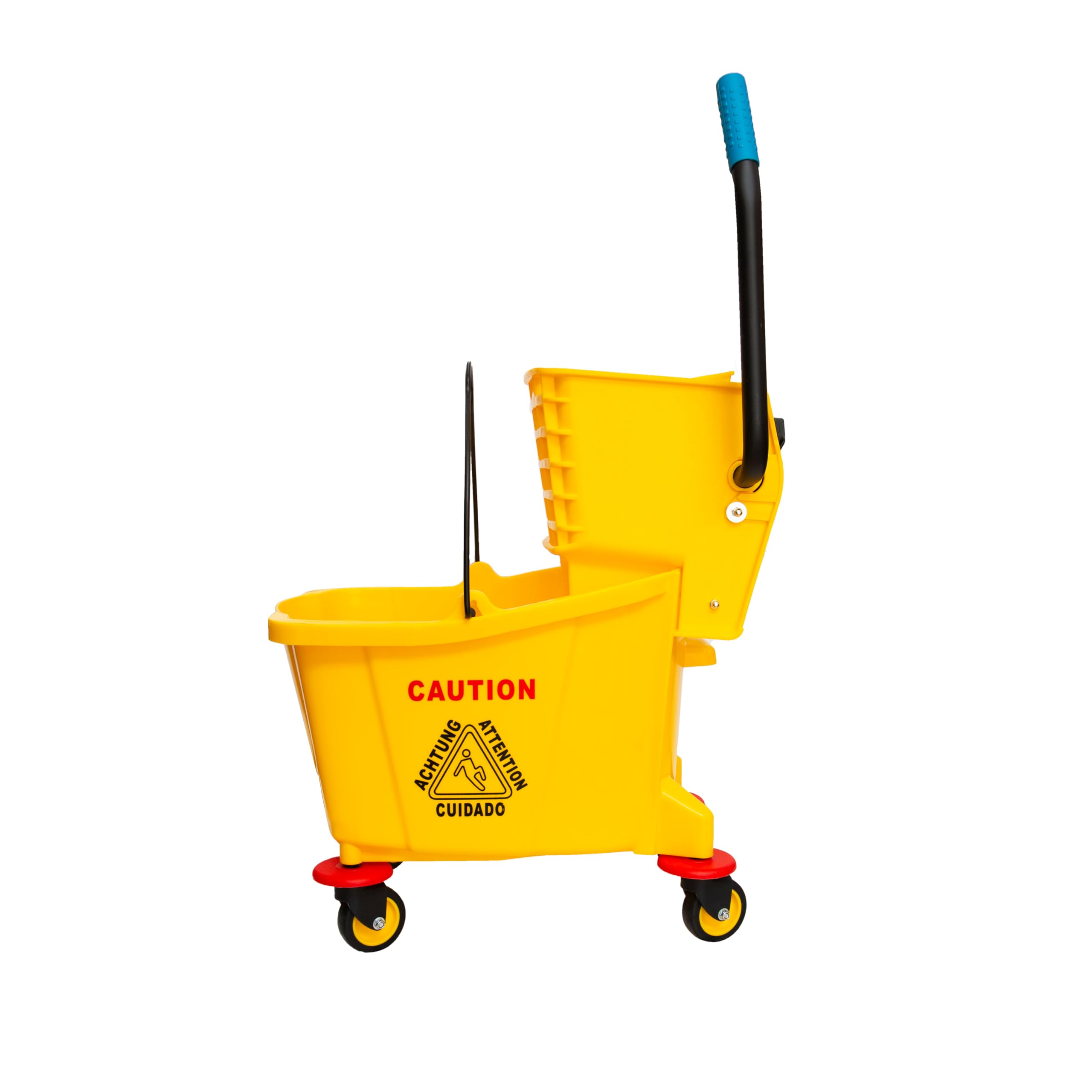 Berry Cubo de fregona comercial compacto con letrero de piso húmedo, cubo de fregona Kentucky con ruedas, 32 L, carrito de limpieza amarillo con escurridor extraíble y ruedas giratorias para