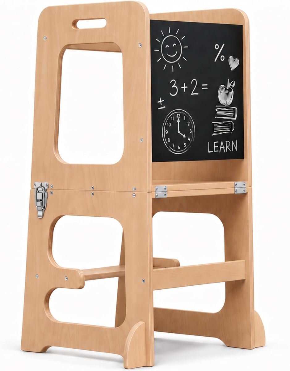 Avenlur Date Torre plegable 4 en 1 - Taburete para niños pequeños con pizarra, escritorio y silla - Taburete estilo Montessori y Waldorf para edades de 18 meses a 6 años | Torre de aprendizaje de cocina convertible, taburete para niños pequeños para mostrador de cocina, torre de ayuda Montessori, escritorio y silla para niños pequeños