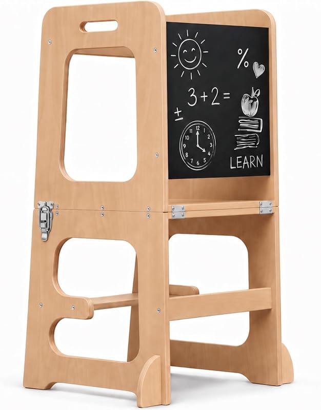 Avenlur Date Torre plegable 4 en 1 - Taburete para niños pequeños con pizarra, escritorio y silla - Taburete estilo Montessori y Waldorf para edades de 18 meses a 6 años | Torre de aprendizaje de cocina convertible, taburete para niños pequeños para mostrador de cocina, torre de ayuda Montessori, escritorio y silla para niños pequeños