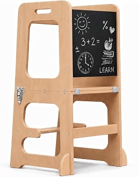 Avenlur Date 4 in 1 Folding Kitchen Tower - Toddler Step Stool with Chalkboard Desk Table and Chair - Waldorf and Montessori Kitchen Stool - Kitchen Stool Tower for Toddlers 18 Months to 6 Years Old