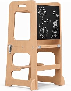 Avenlur Date Torre plegable 4 en 1 - Taburete para niños pequeños con pizarra, escritorio y silla - Taburete estilo Montessori y Waldorf para edades de 18 meses a 6 años | Torre de aprendizaje de cocina convertible, taburete para niños pequeños para mostrador de cocina, torre de ayuda Montessori, escritorio y silla para niños pequeños