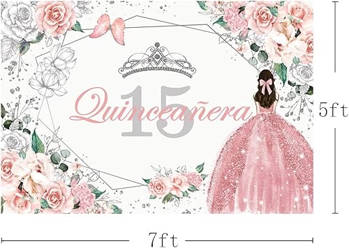 Miniatura 9 de MEHOFOND Telón de fondo de quinceañera con 15 letras para fiesta de niñas de 15 años con texto en inglés Sweet 15 Quince años, fondo floral azul,