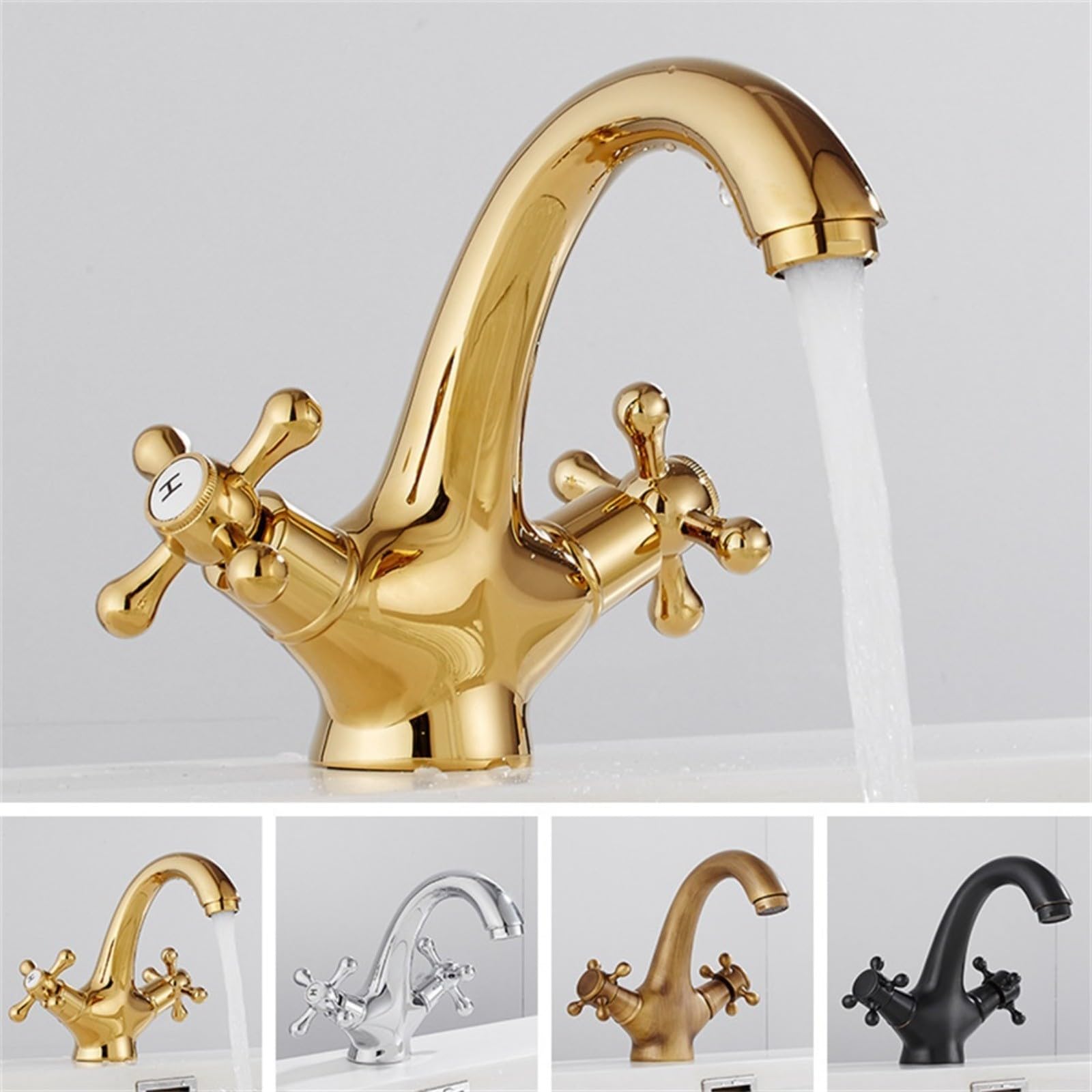 Grifo de baño de Doble manija Vintage Caño Giratorio Suministro de Agua fría y Caliente Fácil instalación Acabado Cromado Accesorio de Cocina y baño Retro