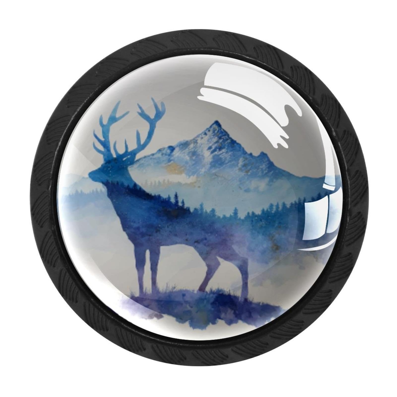 CHENZZZZ 4 Pack Watercolor Mountain Deer (5) Dresser Drawer Cabinet Knobs Black Round Drawer Knob Pull Handle with Screws for Kitchen Wardrobe Cupboard Furniture Decor