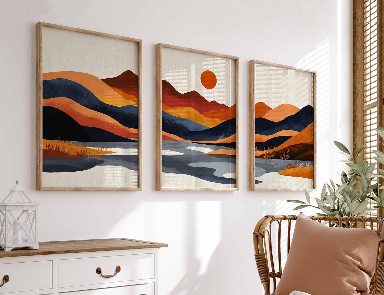 AMOSIJOY Wall Art Prints Set of 3, Landscape Wall Art Mountain Sunset Poster, Modern Abstract Nature Artwork, Boho Minimalist Wall Decor for Living Room Bedroom Home Decoration, Unframed (21x30cm)