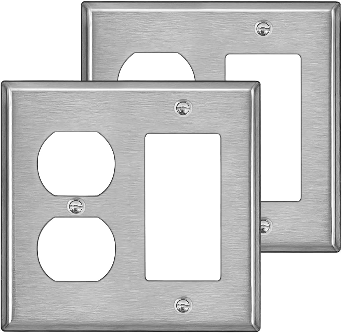 [2 Pack] BESTTEN 2-Gang Combination Metal Wall Plate with Protective Film, 1-Duplex/1-Decor, Corrosion-Resistant Stainless Steel Outlet and Switch Cover, Standard Size, Brushed Finish