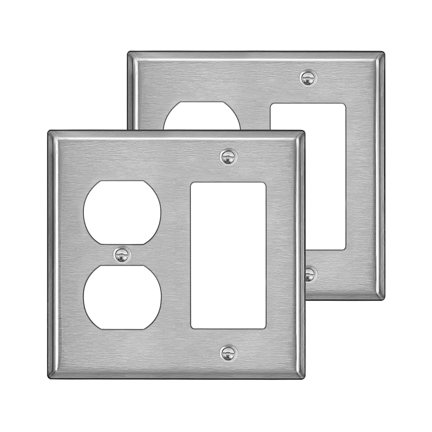 Photo 1 of [2 Pack] BESTTEN 2-Gang Combination Metal Wall Plate with Protective Film, 1-Duplex/1-Decor, Corrosion-Resistant Stainless Steel Outlet and Switch Cover, Standard Size, Brushed Finish