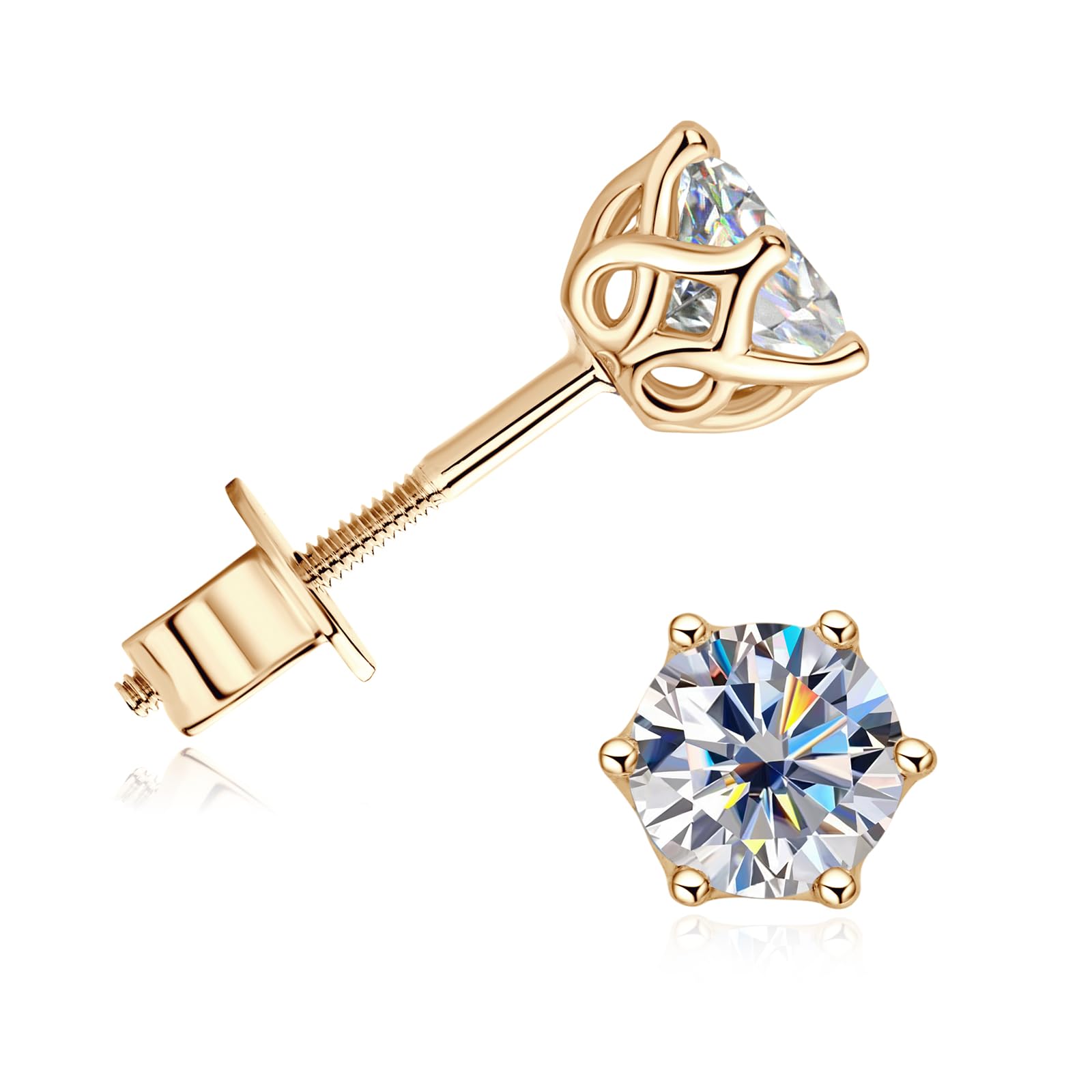 Moissanite Stud Earrings for Men, 10K Real Gold Earrings for Women, D Color VVS1 Round Cut 1CT/2CT Lab Created Solitaire Moissanite Earring Studs