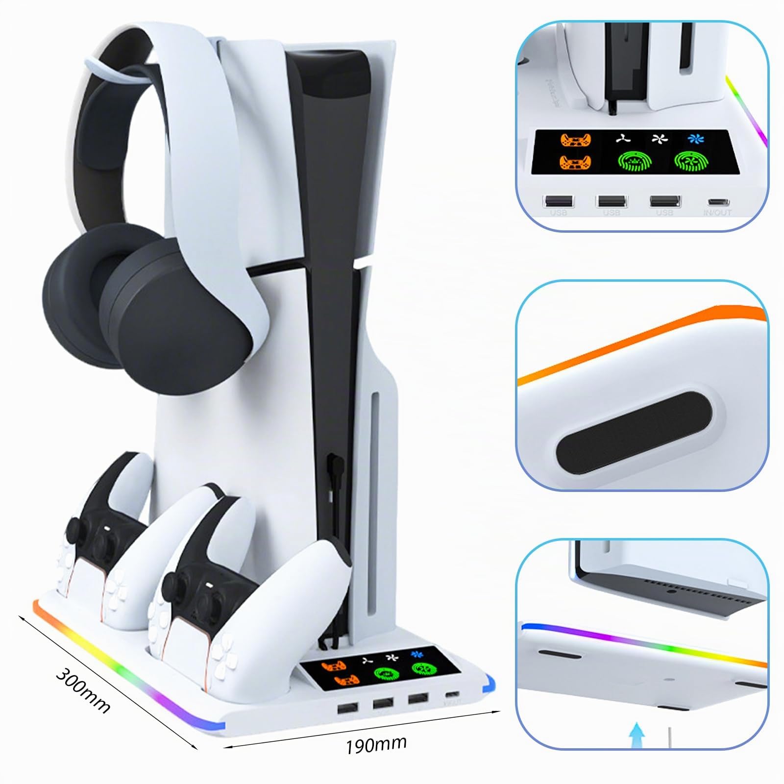 Supporto Verticale per PS5/PS5 Slim, Supporto Raffreddamento per PlayStation 5 con 3 Livelli di Ventola, Stazione Ricarica per Controller Doppi / Supporto per Cuffie / Luce RGB per PS5/Digital Edition