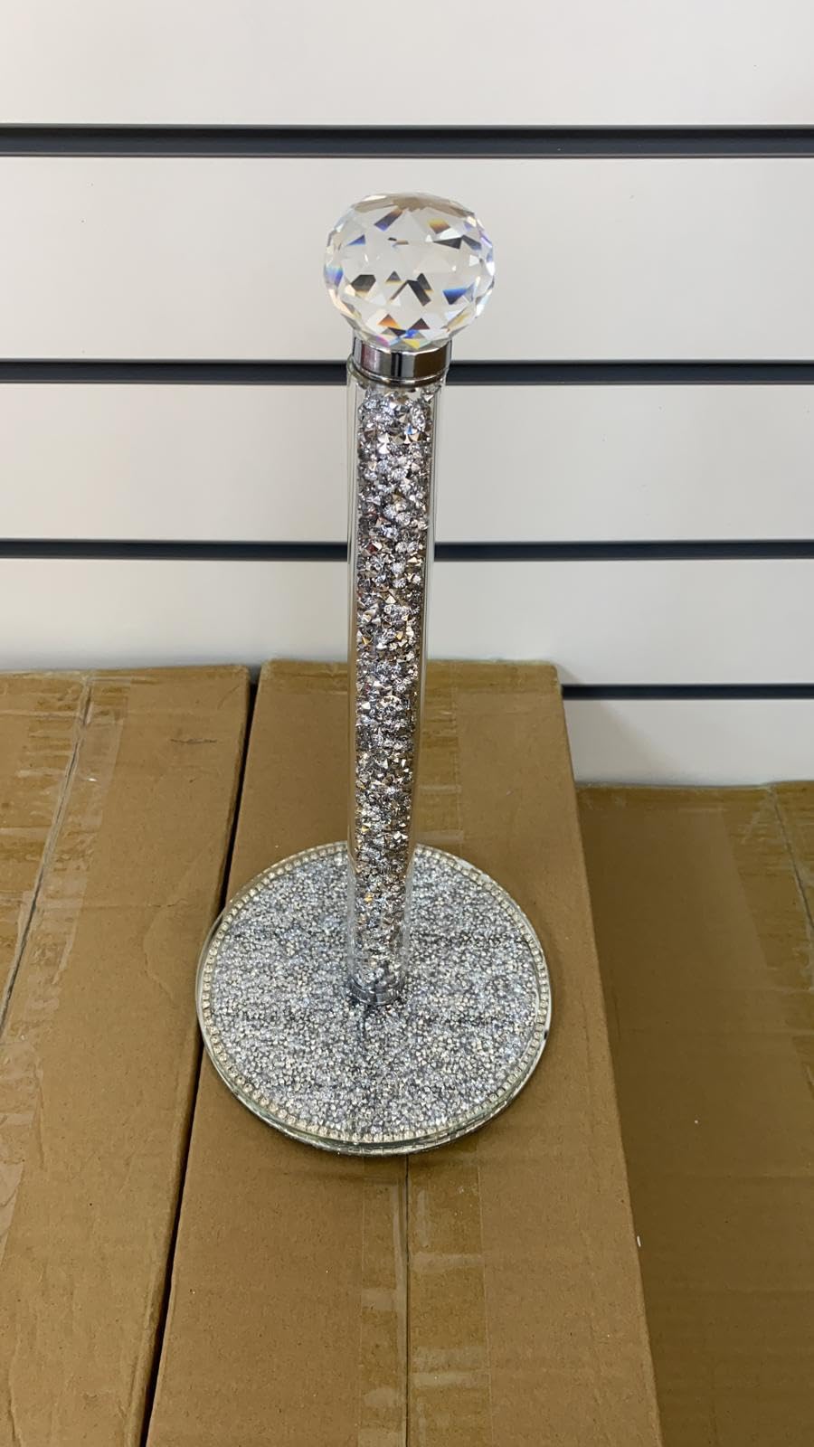Biznest Tissue Roll Holder Crushed Diamond Crystal Clear Silver Crystal Glass Tall Pillar Home Decor 35Cm