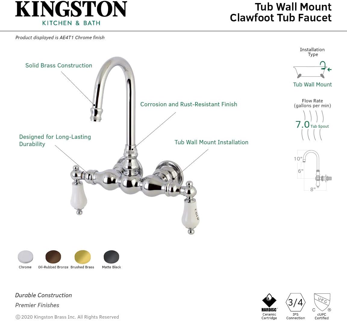 Kingston Brass AE4T1 Aqua Vintage 3-3/8 Inch Wall Mount Tub Faucet, Polished Chrome