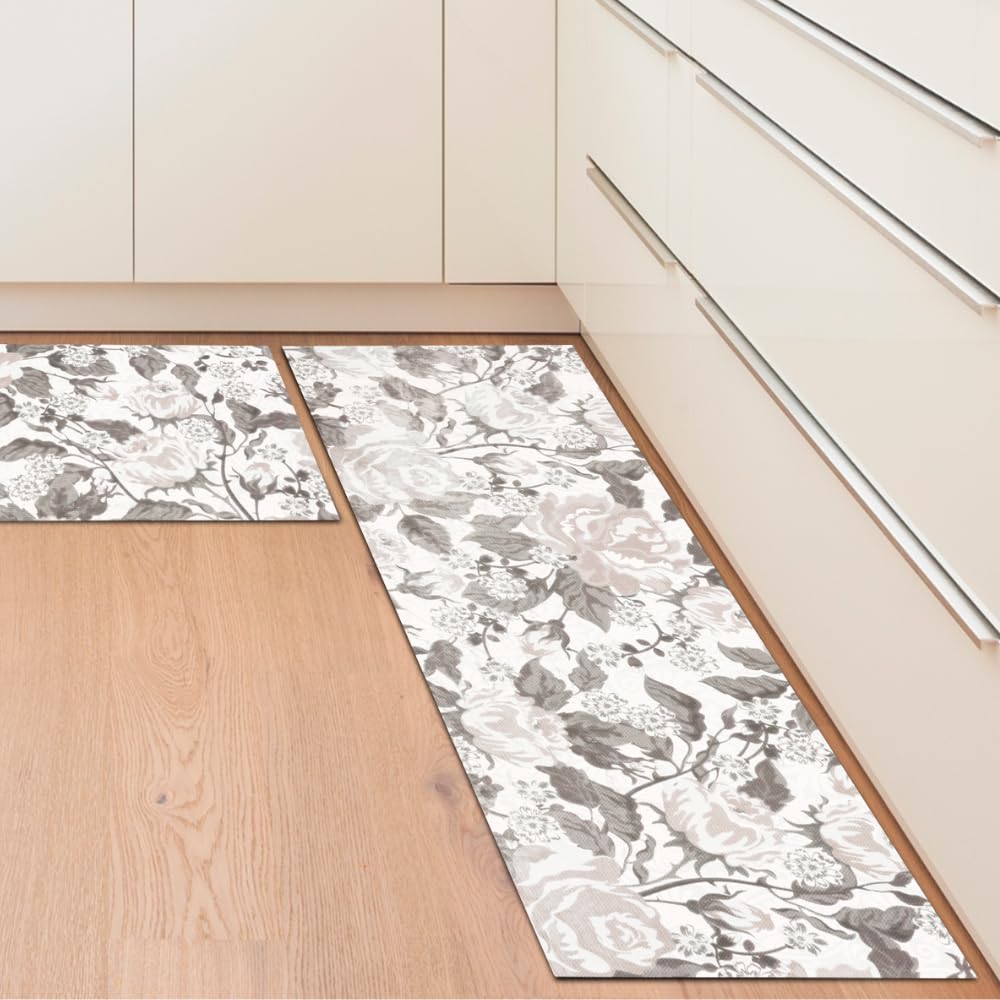 Pack 2 Alfombra Vinilo Cocina Antideslizante – Alfombrilla Vinílica Lavable PVC para Cocina Moderna 43x72 y 43x120 cm (Flowers)