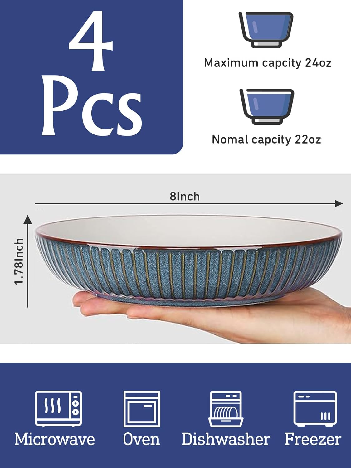 8" Large Pasta Bowls：24 oz Ceramic Bowl Plates Set of 4：Microwave Dishwasher Safe Shallow Dinner Bowls - Kitchen/Party/Home Daily Use/Restaurant - Gifts for Newlyweds/Households, 4 Grey