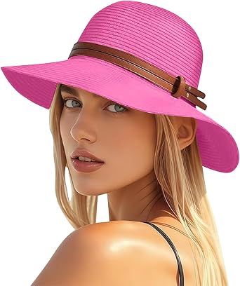 Womens Straw Fedora Sun Hat Wide Brim Summer Beach Travel Panama Style Hat Elegant Ladies Hats with Belt Buckle Band